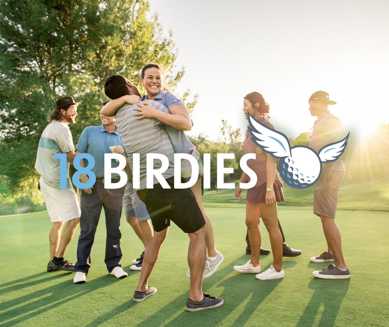 Six young adults golfing with the 18 Birdies logo over the image