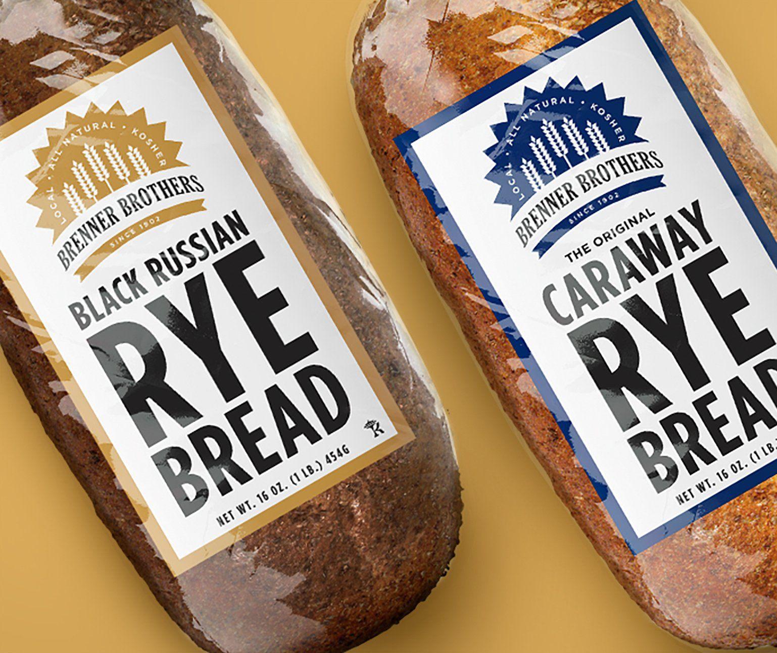 Two bags of rye bread on a mustard background