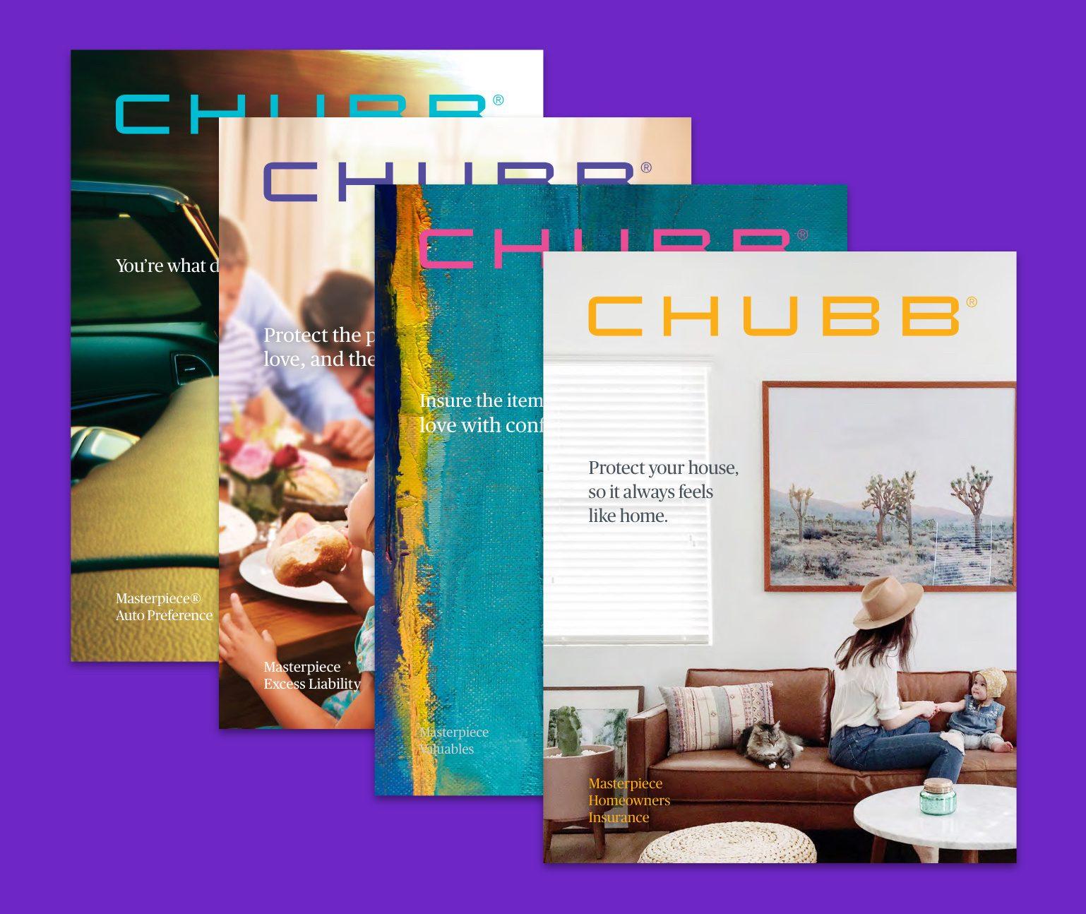 Four brochure cover designs overlapping on a purple background