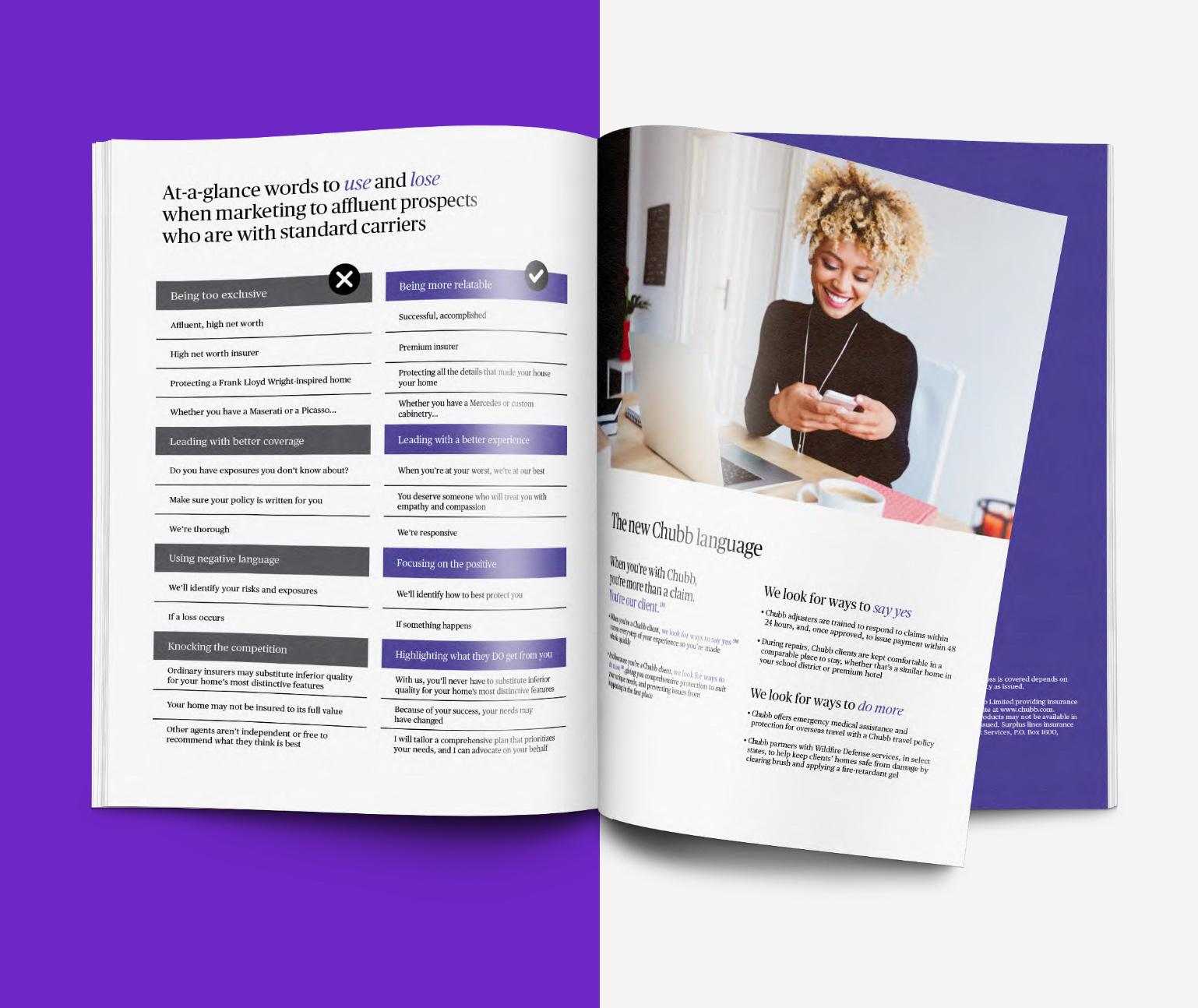 Brochure with opened page on half purple background