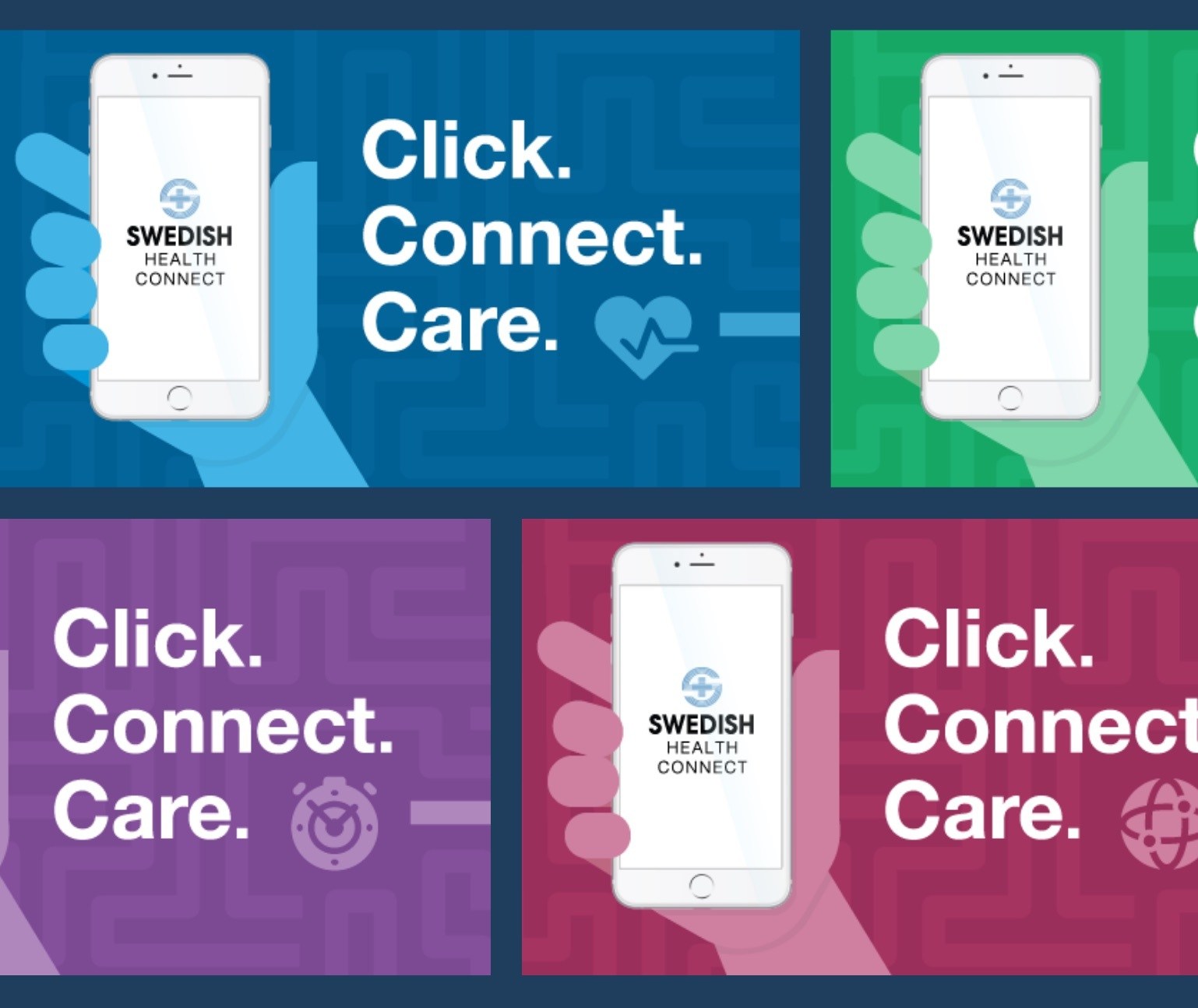 Illustrations of the Health Connect App held in a hand, with blue, green, purple and red backgrounds.
