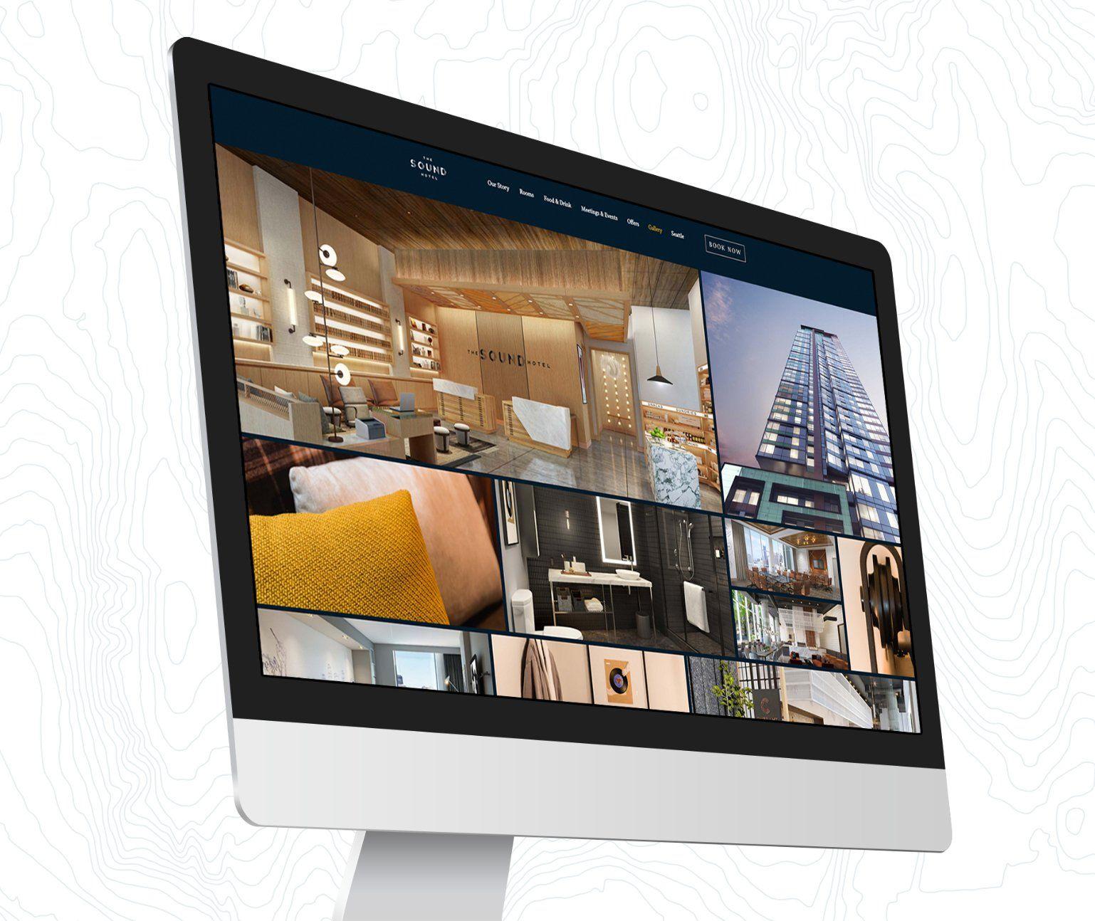The Sound Hotel website design shown at an angle on a computer monitor
