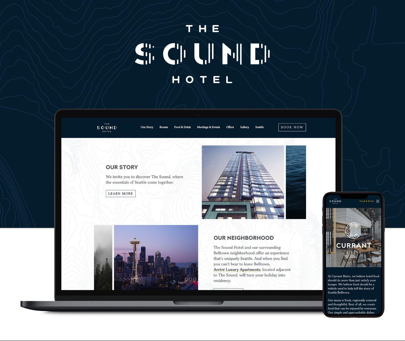 The Sound Hotel website design shown on a laptop and mobile phone