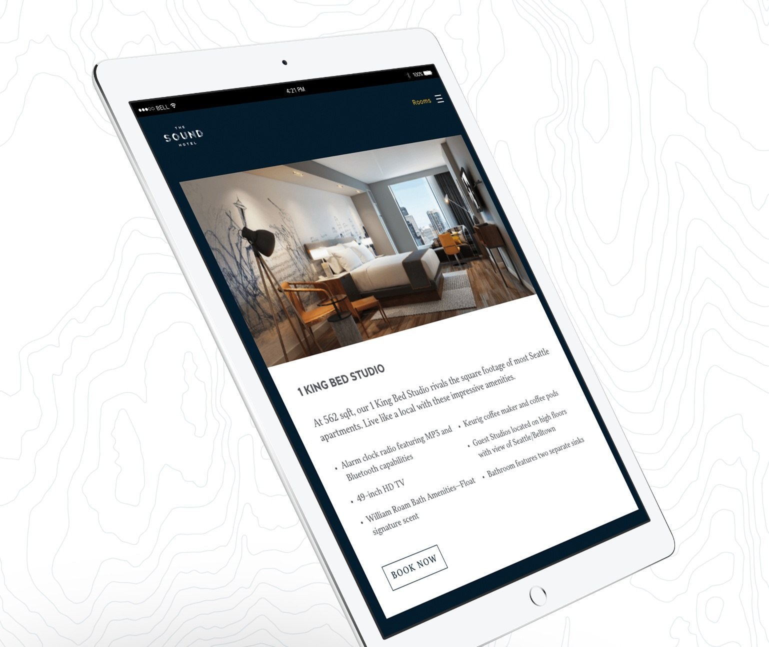 The Sound Hotel website shown at an angle on a tablet