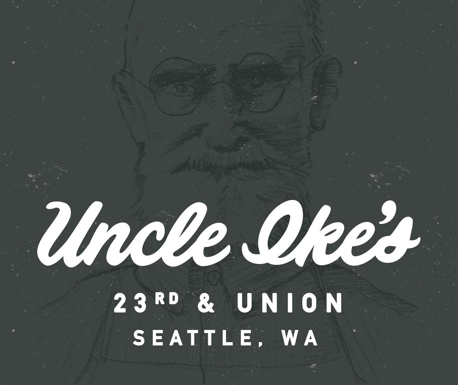 Uncle Ike's logo on top of illustration of old man with beard