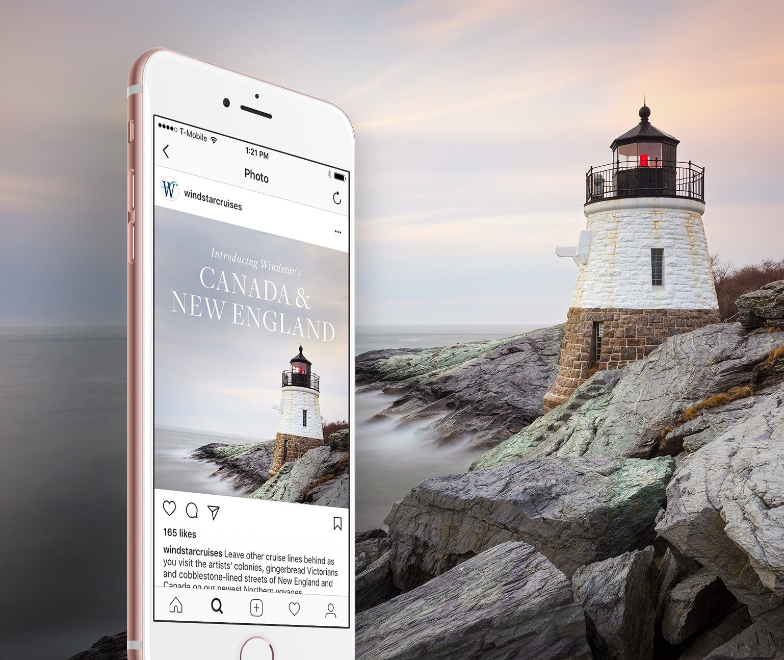 Mobile phone showing Instagram social media post with a lighthouse in the background