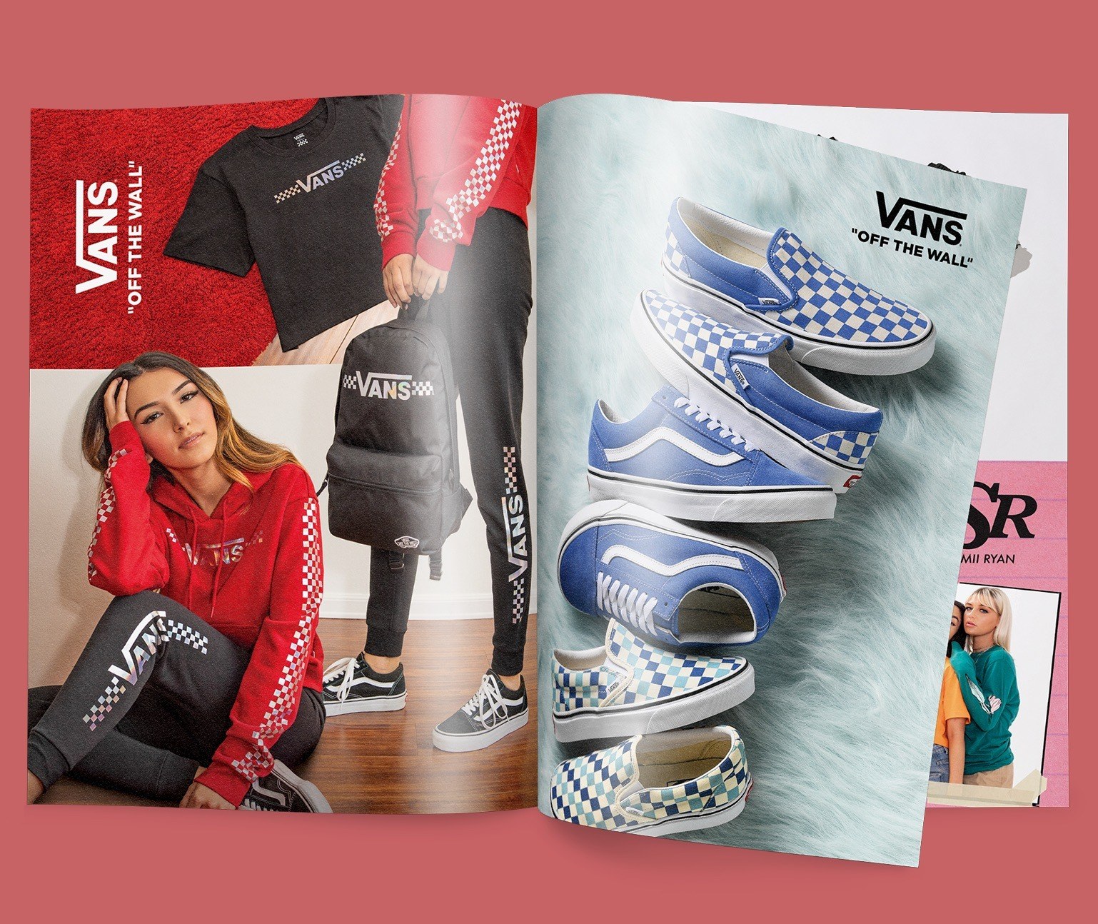 Catalog spread with one page turning, on a pink background. Pages show woman wearing a Vans sweatshirt, carrying a Vans backpack, in addition to three pairs of blue Vans shoes.