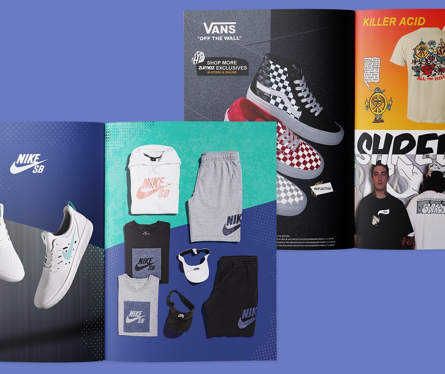 Two catalog spreads on a blue background; one Nike SB shoes and clothing, one Vans skate shoes