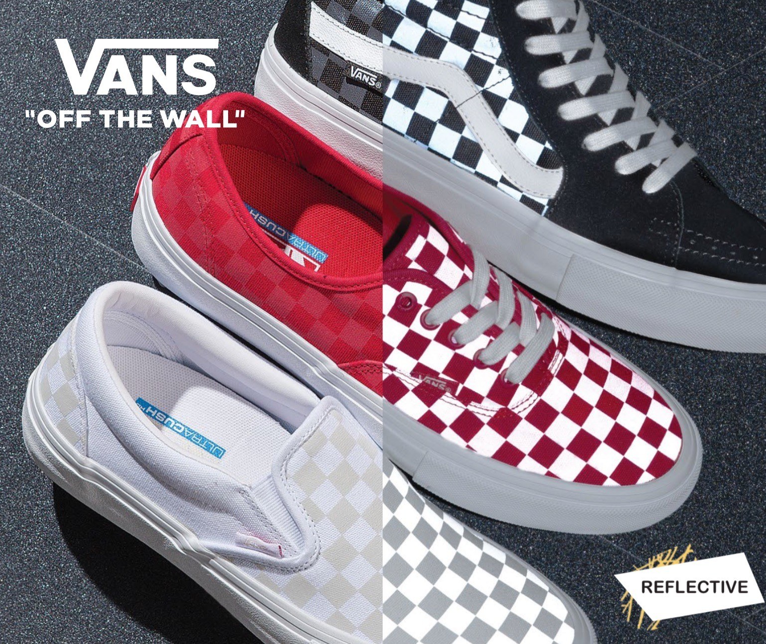 Advertisement showing Vans skate shoes in white, red, and black colorways with the Vans logo, and the call out "reflective"