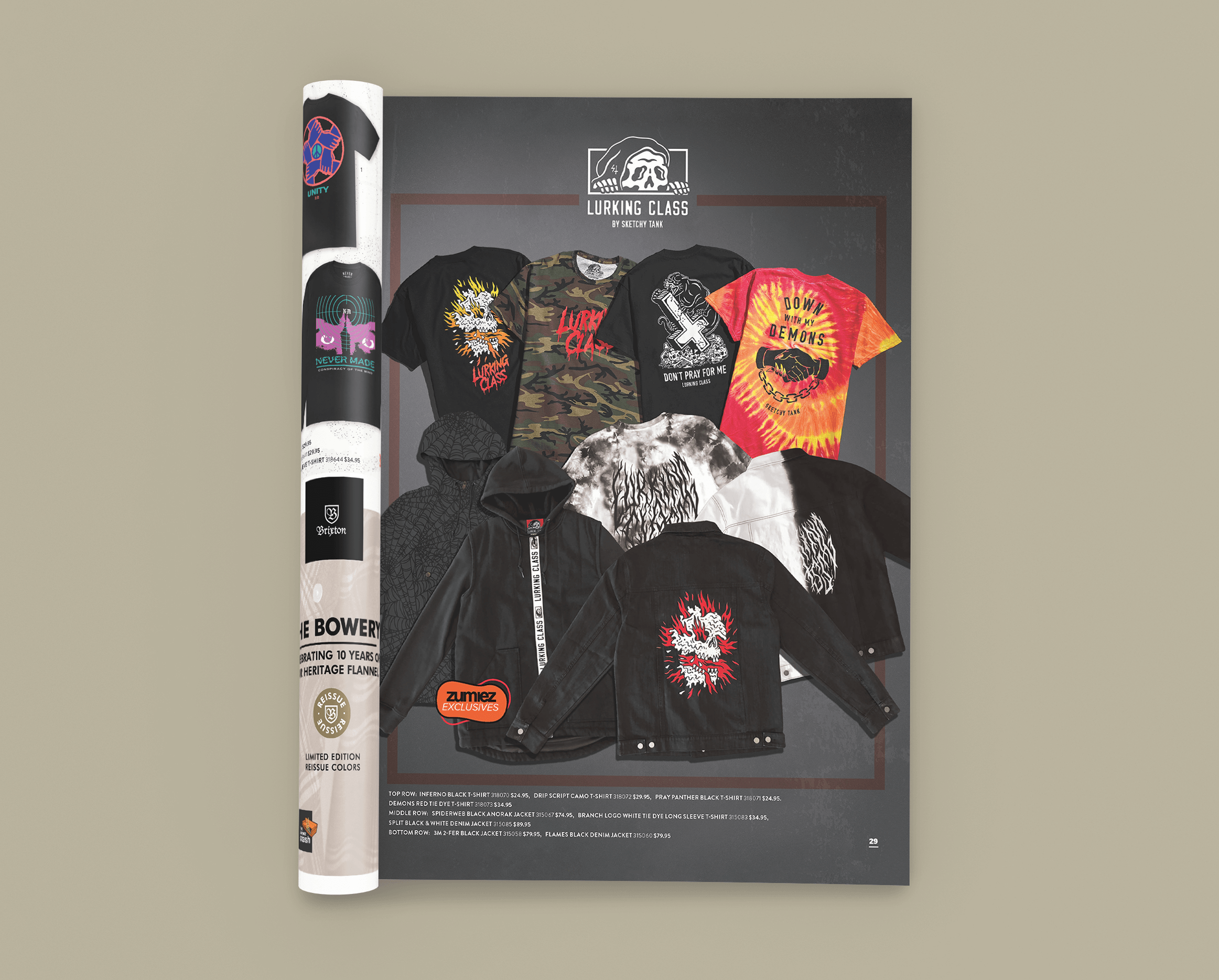 Zumiez Catalog page featuring Lurking Class t-shirts and sweatshirts on a dark grey background.