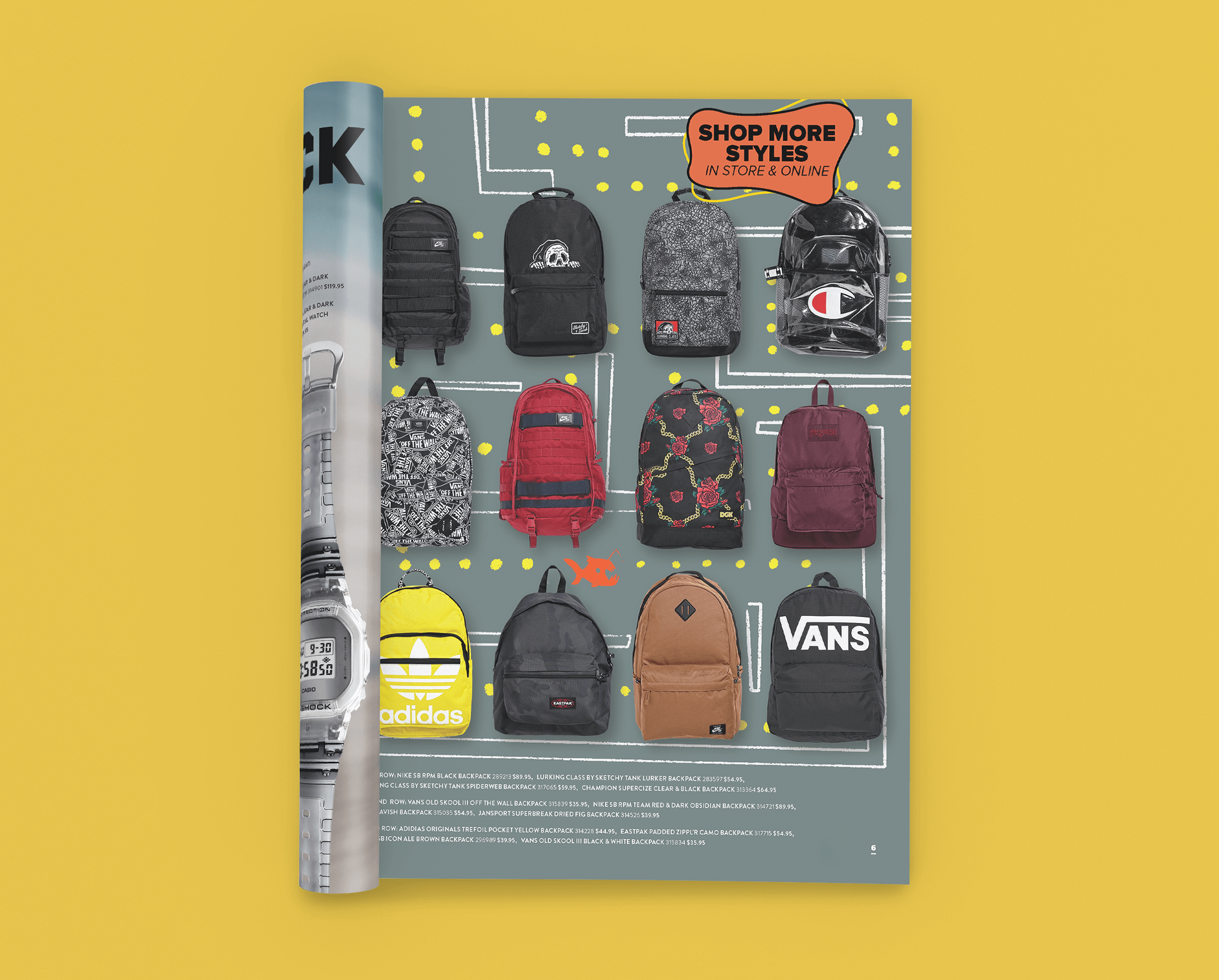 An image showing the backpack page from the Zumiez catalog, featuring 12 backpacks on a background illustration of Pac Man.